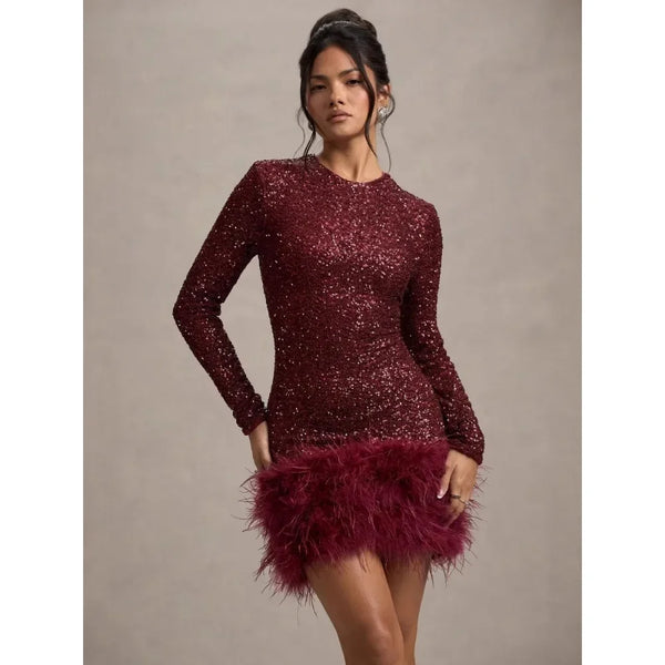 Solid Spliced Sequines Slimming Dresses for Women O Neck Long Sleeve Temperament Dress Female Fashion New