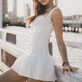 Solid Spliced Lace Up Mini Dresses for Women Square Neck Sleeveless High Waist Temperament Dress Female New