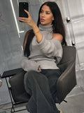Women's Ribbed Knit Turtleneck Cutout Shoulder Halter Vest Long-Sleeved Shawl 2-Piece Set Slim Y2K Sexy Street Autumn Top