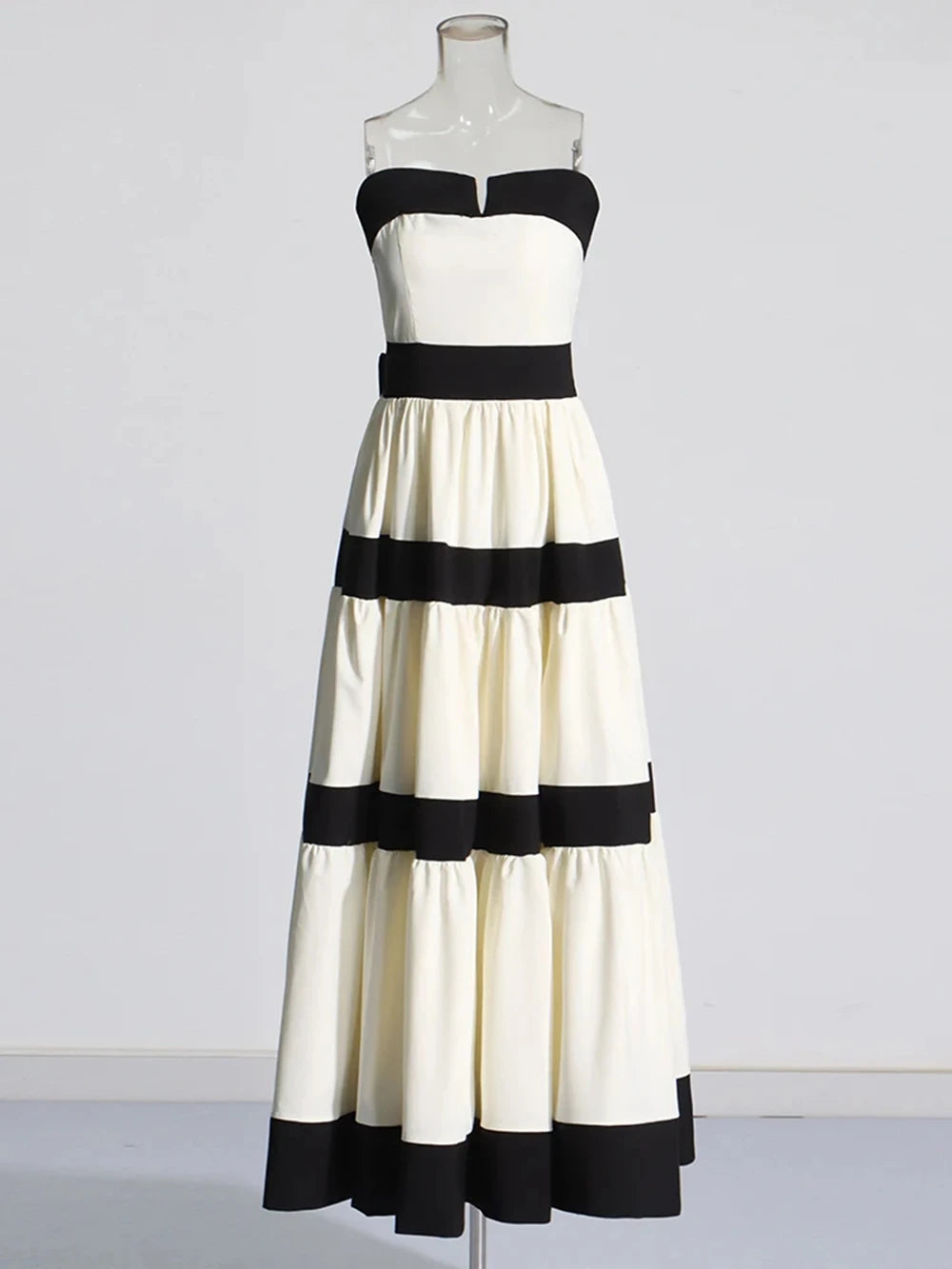Elegant Colorblock Patchwork Bow Dresses For Women Strapless Sleeveless High Waist Formal Long Dress Female Wedding Gowns