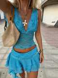 Lace Sequin V-Neck Cami & Ruffled Mini Skirt Set Asymmetric ChiffonTrim 2026 Summer Fashion Sexy Sweet Women Beach Lady Dress