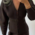 V Neck Women Knit Two Piece Set Single Button Knit Cardigan High Waist Bodycon Mini Skirt Slim Figure Flattering Fit Fashion