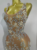 Lxury Sparkly Diamond Mesh See Through Long Dress Women Elegant Celebrate Birthday Evening Party Fancy Club Singer Stage Costume
