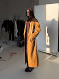 Plain Faux Leather Trench Coat Women V Neck Waist Lace Up Long Full Sleeve Back Split Jacket Winter Street Fashion Outfits 2026