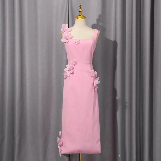 Slimming Patchwork Appliques Solid Dress for Women Square Collar Sleeveless High Waist Bodycon Sexy Evening Dresses Female