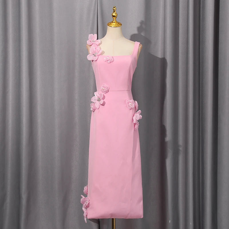 Slimming Patchwork Appliques Solid Dress for Women Square Collar Sleeveless High Waist Bodycon Sexy Evening Dresses Female