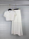 Summer Edge Date White Hollow Knit Two Piece Set for Women Button Accent Crop Top Mermaid Skirt Outfit for Casual Daily Wear
