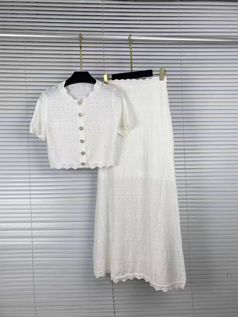 Summer Edge Date White Hollow Knit Two Piece Set for Women Button Accent Crop Top Mermaid Skirt Outfit for Casual Daily Wear