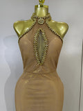 Sexy Halter Sparkly Diamonds Golden Mesh Sequins Maxi Long Dress Women Elegant Evening Party Birthday Luxury Wedding Guest Gown