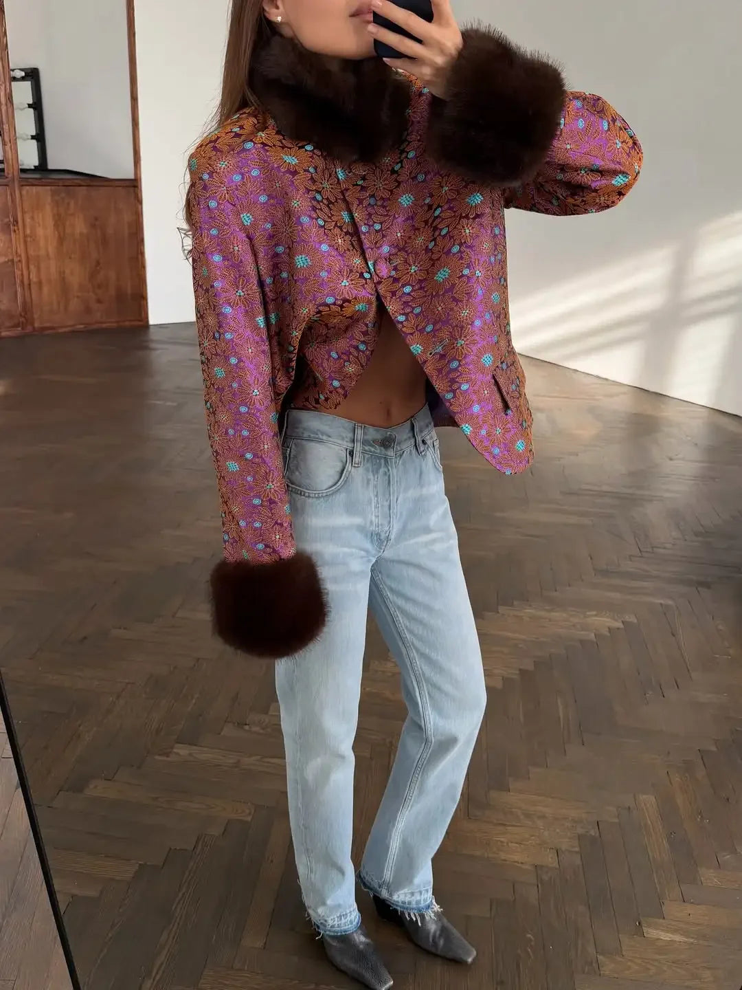 Women's Vintage Floral Print Faux Fur Patchwork Jacket Fashion Single Breasted Long Sleeved Coat Autumn Street Daily Wear 2026