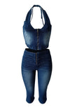 Denim 2 Piece Set Women Summer Halter Wrap Chest Backless Zip Halter Tops+Shorts Matching Hipster Vintage Streetwear