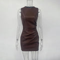 Sleeveless Leather Maxi Dress For Women Tight Pleated Sexy Hip-Hugging Dress Vestido Solid High Waist Party Female Dress