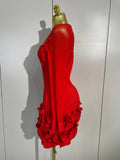 Women Sexy Red 3D Rose Flowers Bandage Mini Dress Mesh Long Sleeve Evening Prom Birthday Party Photo Shoot Cocktail Party Dress