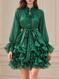 Ruffled Mock Neck Mini Dress for Women Tie Neck Long Sleeve Flare Cuff Self Tie Sash Waist Tiered Ruffle for Party Occasions
