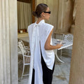 Romantic Dates White Dot Print Tank Top for Women Bow Neck Sleeveless Back Slit Design Slimming for Office Commute