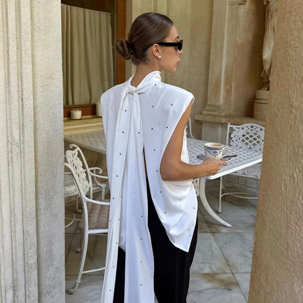 Romantic Dates White Dot Print Tank Top for Women Bow Neck Sleeveless Back Slit Design Slimming for Office Commute