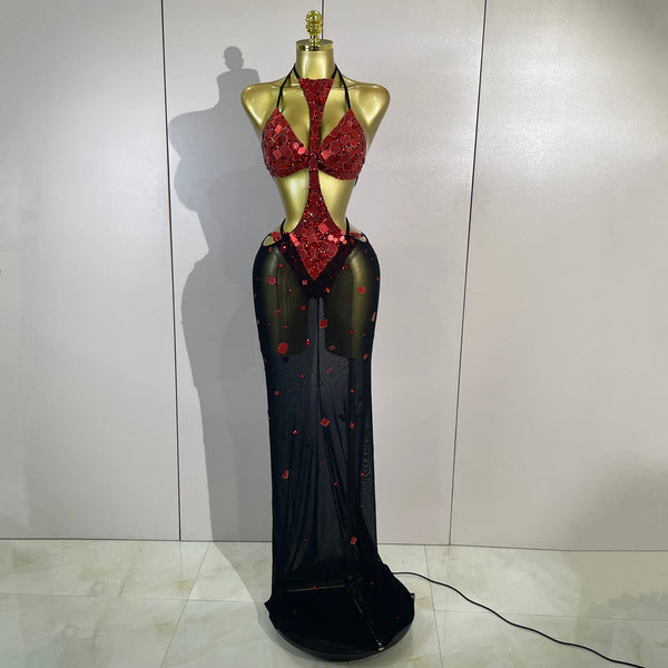 Sexy Mesh See Through Nightclub Stage Performance Costume Luxury Sparkly Red Rhinestone Mirror Bikini Long Dress Three Piece Set