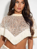 Silver Sequin Fringe 2 Piece Outfit Chic High‑neck Crop Top Mini Skirt Set 2026 Summer Beach Nightclub Party Women Matching Suit