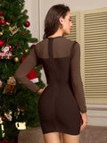 Vintage Elagant Brown Bandage Mini Dress Mesh See Through Sexy Evening Party Dress Slim Elastic Bodycon Dresses Women