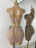 Women Glitter Crop Top Floral Mesh See Through Sets Nightclub Performance Outfit Two Pieces Party Birthday Clothing