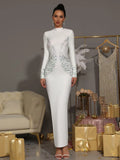 Elegant Women Diamond Celebrity Evening Bandage Maxi Dress White Long Sleeved Sexy Luxury Bodycon Cocktail Party Gown