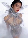 Women Eveing Party Dancer Nightclub Sexy Stage Photo Shoot Costume Sparkly Rhinestones Sleeveless Mesh See-Through Mini Dress