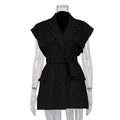 Summer Sleeveless Work Shirt Multi-Pocket Belted Loose Top For Women Lapel Collar Button Fashion Solid Color Cardigan Top