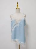 See Througth Lace Edge Tank Tops for Women V Neck Sleeveless Pathwork Hollow Out Sexy Fashionable Vest Female New