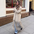 Beige Woolen Lapel Collar Fringe Hem Oversized Long Coats Chic Long Sleeve Warm Jackets Winter Daily Street Lady Outerwear 2026