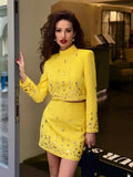 Fashion Women's Heavy Industry Diamond Two Piece Set Short Long Sleeve Tops Wrapped Hip Mini Skirt Female Outfit