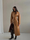 Plain Faux Leather Trench Coat Women V Neck Waist Lace Up Long Full Sleeve Back Split Jacket Winter Street Fashion Outfits 2026