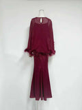 Formal Feather Cape Sleeve Maxi Dress for Women O Neck Spaghetti Strap Floor Length Long Evening Prom Cocktail Party Gown