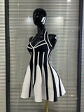 Women Sexy Halter Off the Shoulder Striped A-Line Mini Bandage Dress Celebrate Red Carpet Evening Party Cocktail Outfit