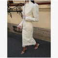 White Ruffle Stand Collar Peplum Skirt Set Romantic High Neck Long Sleeve Slim Co-ord 2026 Spring Wedding Dating Party Outfit