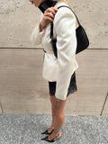White Contrast Faux Leather Collar Blazer Women Buckle Belt Waist Slim Fit Long Sleeve Stand Neck Ins Party Fashion Outerwear