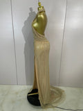 Luxury Shining Diamond Gold Mesh Backless Maxi Long Dress Women Elegant Photoshoot Evening Party Birthday Photoshoot Stage Wear