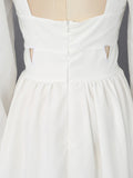 Fashion Style White Cutout Floral Accent Gown for Women Square Collar Puff Sleeve Asymmetric Train Skirt for Beach Elopement