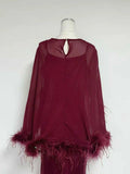 Formal Feather Cape Sleeve Maxi Dress for Women O Neck Spaghetti Strap Floor Length Long Evening Prom Cocktail Party Gown