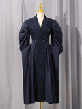 Retro Modern Tunic Design Coat for Women Lapel Puff Sleeve Splied Double Breasted Navyblue Midi Length Jackets Female Autumn