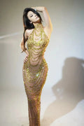 2026 Women Birthday Party Gown Stage Singer Performance Costume Luxury Sparkly Gold Rhinestone Sexy Transparent Mesh Long Dress