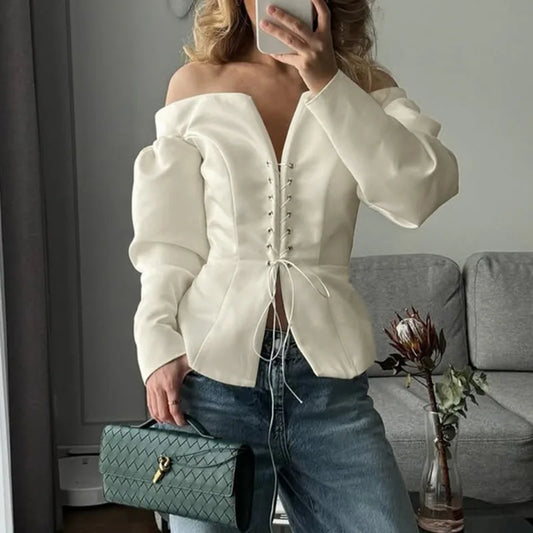 White Off-Shoulder Cardigan Women's Fashion Lace-Up Backless Sexy Shirt Top Elegant Luxury Party Chic Slim Female Top