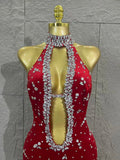 Sparkly Silver Crystal Studded Deep Cut Bodycon Satin Long Prom Gown Nightclub Dress