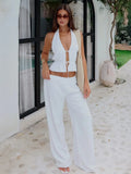 Halter Neck Vest Two-Piece Trouser Set Female Spring Summer New Lace-Up Top Wide-Leg Trousers Pure Cotton Women's Suit