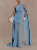Luxurious Blue Diagonal Collar Sheer Mesh Maxi Dress for Women Off One Shoulder Cape Sleeves Ruched Waist for Dinner Party