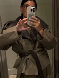 Grey Contrast Cropped Trench Coat Women Lapel Double Breasted Jacket Lady Autumn Winter Daily Lady Streetwear Outerwear 2026 New