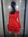 Black Red Color Women Long Sleeve Sexy O-Neck Bodycon Mini Bandage Dress Florals Celebrate Evening Party Nightclub Outfit