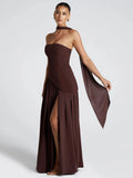 Irregular Slit Vacation Long Dress For Women Elegant Contrast Slim Ribbon Dress Back Lace Up Female Strapless Summer New