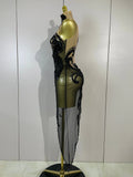 Women Black Sexy Mesh Asymmetric Bodycon Mini Dress Sparkly Diamonds Nightclub Bar Party Show Gogo Dancer Clothing Stage Costume