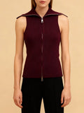 Solid Minimalist Basics Vest for Women Lapel Sleeveless Patchwork Double Zipper Slim Casual Knitted Tank Top Female