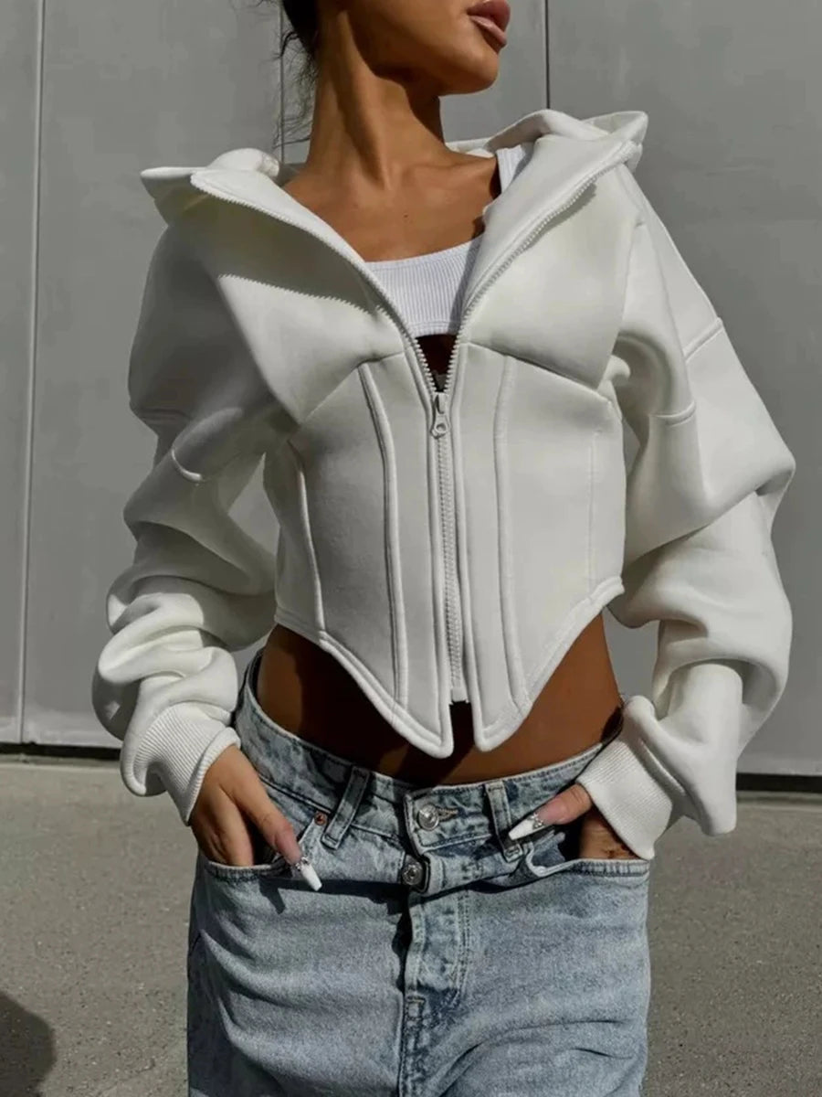 Chic Irregular Women Jackets Hooded Long Sleeve Fitted Jacket for Casual Outing Gathering Wear  Autumn Fashion New